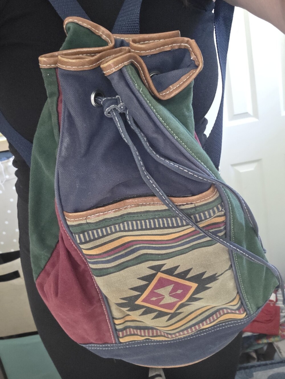 Vintage Colorblock Canvas Drawstring Backpack - Multicolor Tribal Pattern Gitano - Picture 9 of 9
